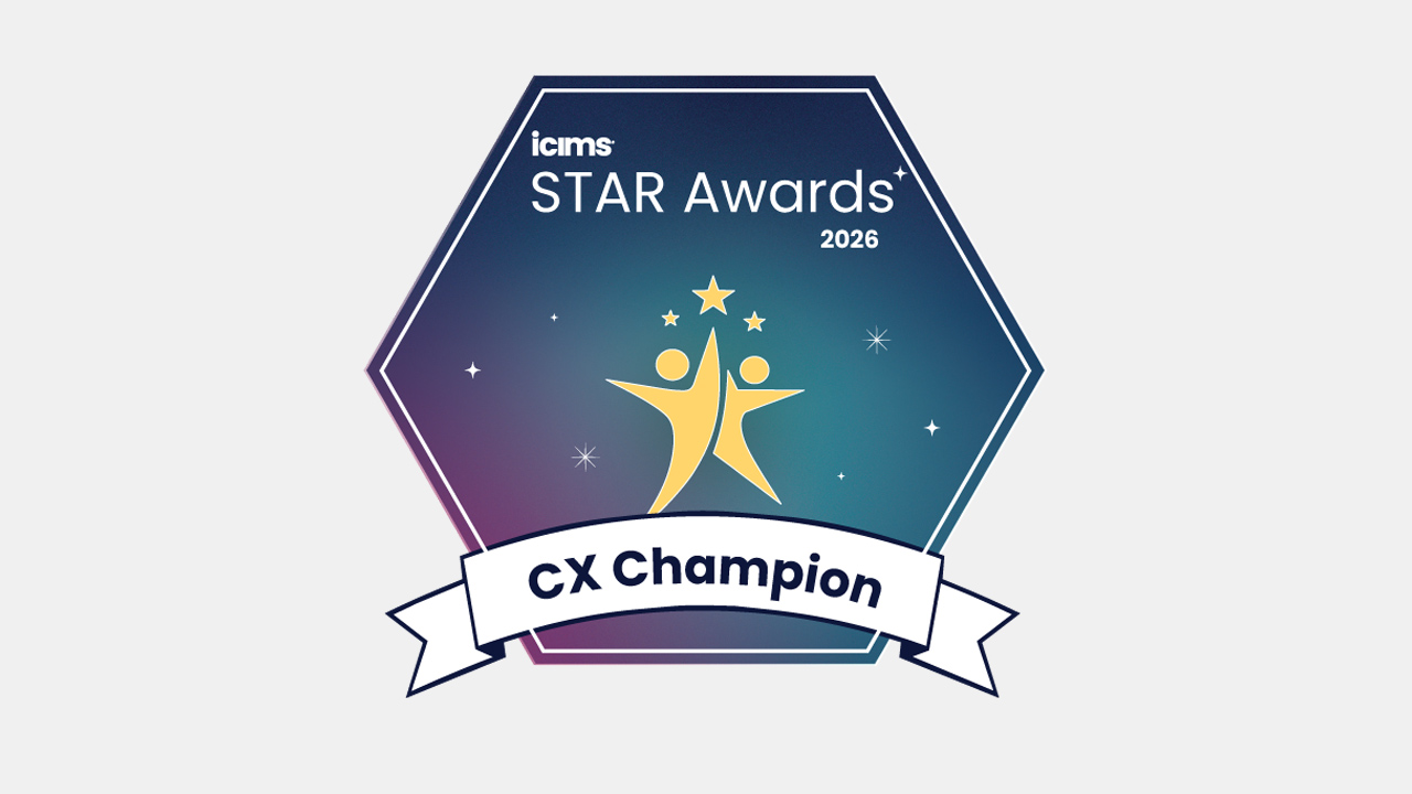 Hexagonal badge with "icms STAR Awards 2026" at the top, two gold star figures in the centre, and a white ribbon at the bottom labelled "CX Champion" against a blue starry background.