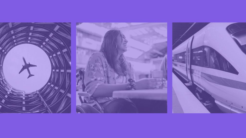A collage of three images: an airplane flying above a circular parking structure, a manufacturing engineer in a wheelchair smiling at a café, and a high-speed train at a platform, all with a purple overlay.