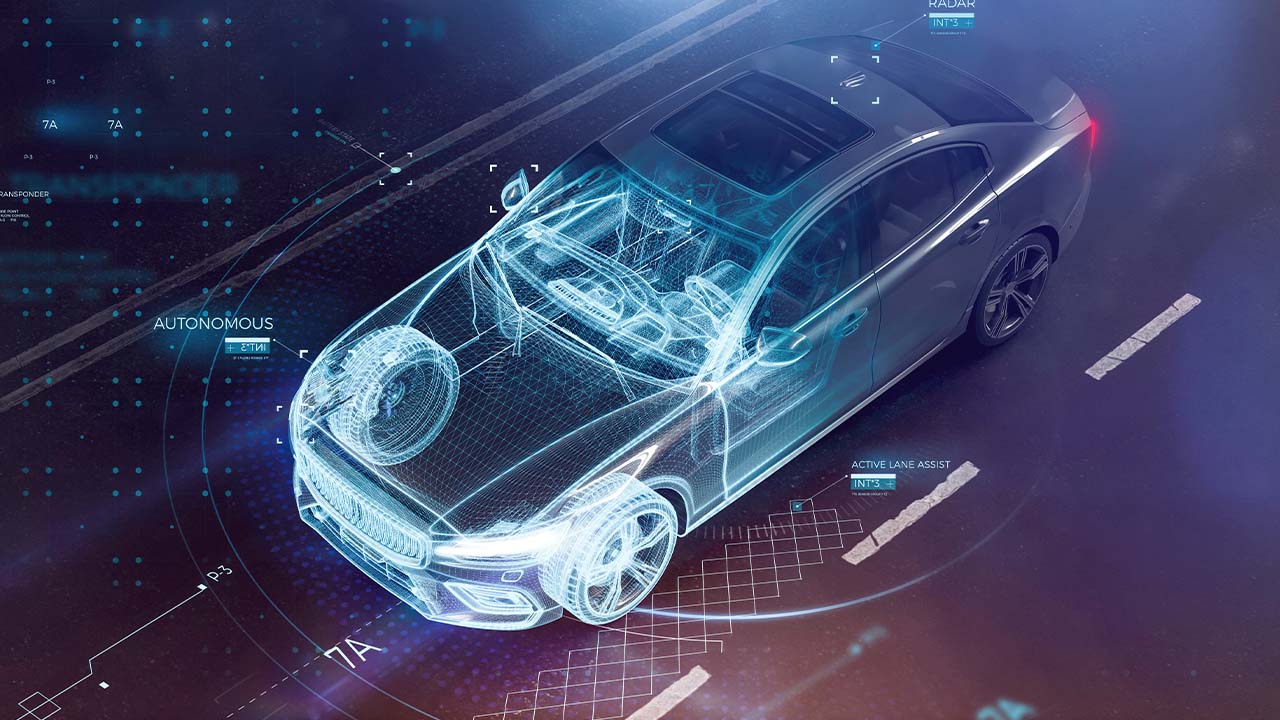 A digitally rendered car with transparent overlays shows internal technology and components, highlighting features like autonomous driving and active lane assist on a simulated road.