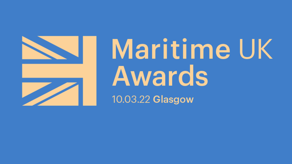 A graphic with a stylized Union Jack flag and the text "Maritime UK Awards 10.03.22 Glasgow" on a blue background.