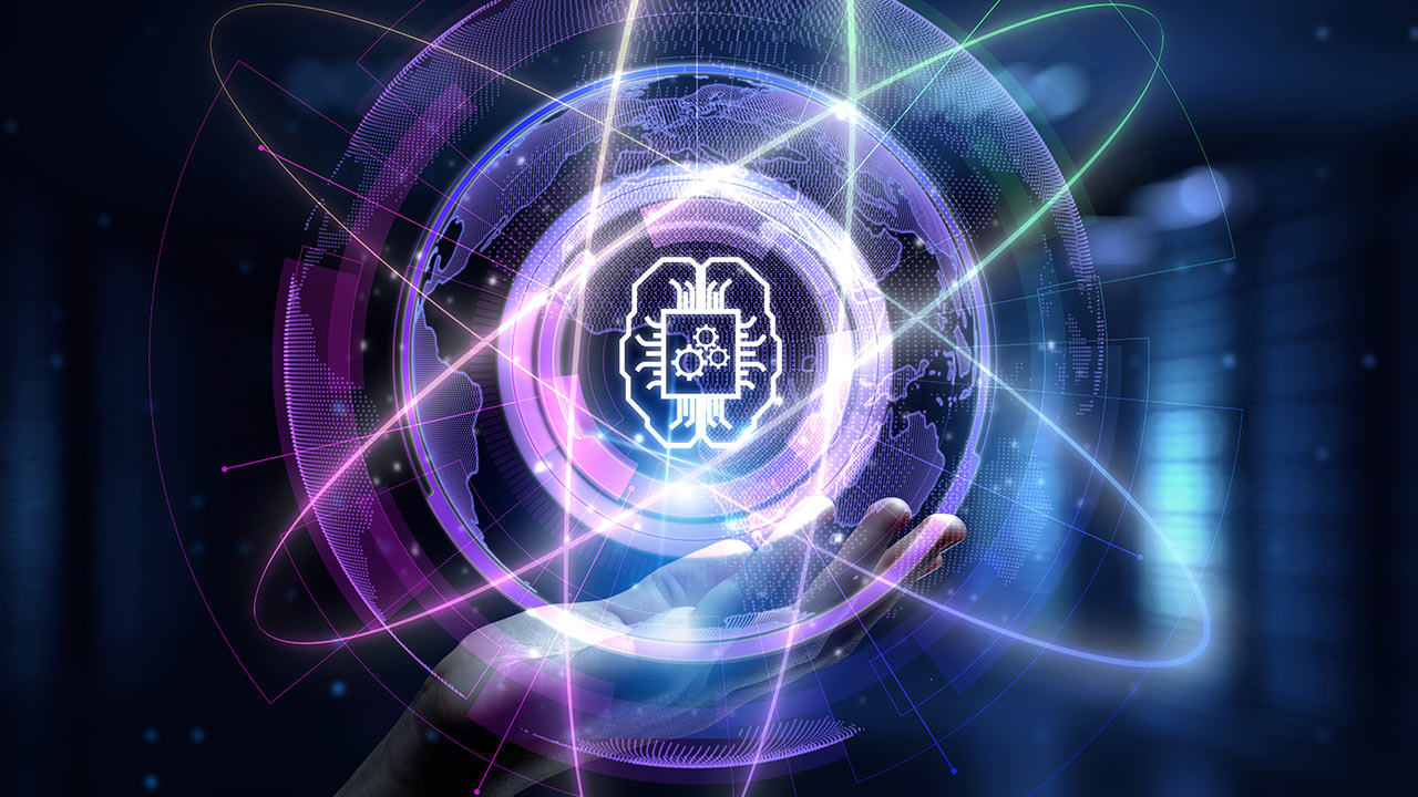 A glowing hand holds a digital globe with circuitry and a microchip icon at its center, surrounded by swirling neon lines, representing advanced technology and artificial intelligence.