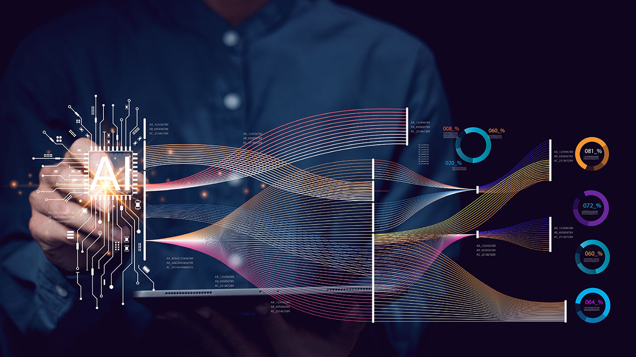 A person interacts with a glowing AI icon on a digital interface, while colorful data streams and circular analytics charts flow from a laptop screen, representing artificial intelligence and data analysis.