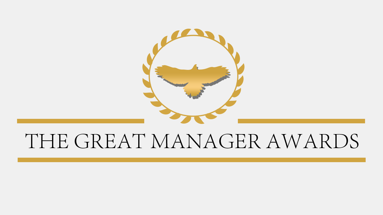 A gold eagle inside a laurel wreath appears above the text "The Great Manager Awards," with gold horizontal lines on either side of the text, all on a white background.