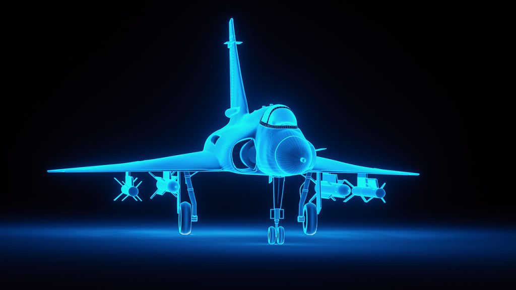 A glowing blue, digital rendering of a fighter jet seen from the front, with missiles attached to its wings, set against a dark background—symbolizing the precision and innovation found in our energy and utilities roles.