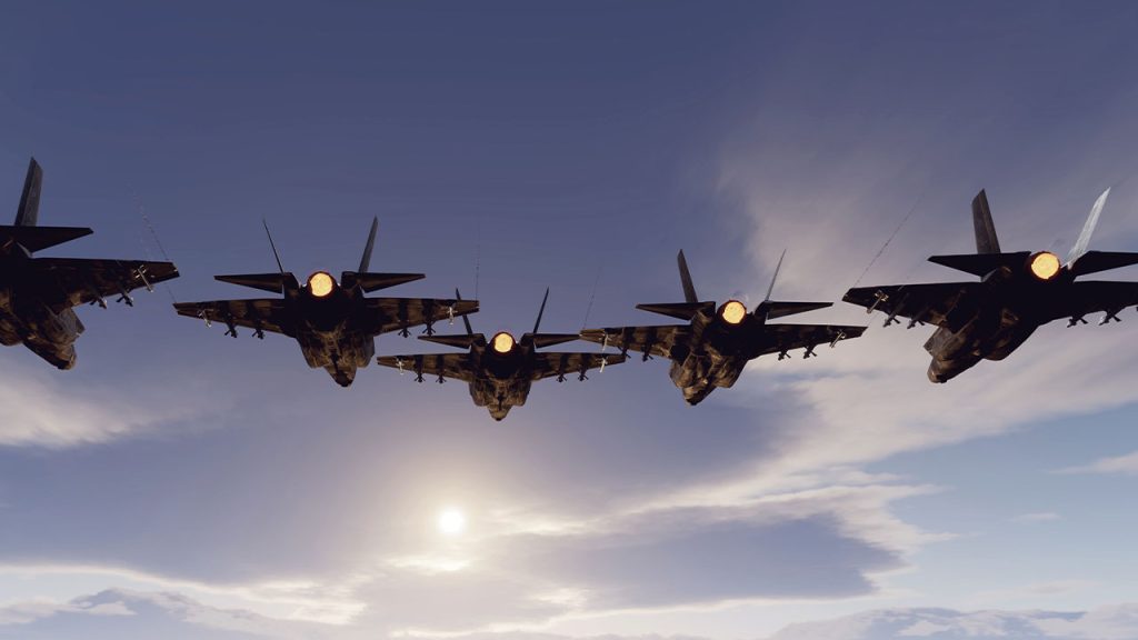 Five fighter jets fly in formation against a cloudy sky at sunset, their engines glowing and contrails visible—much like the teamwork and precision found in our energy and utilities roles.