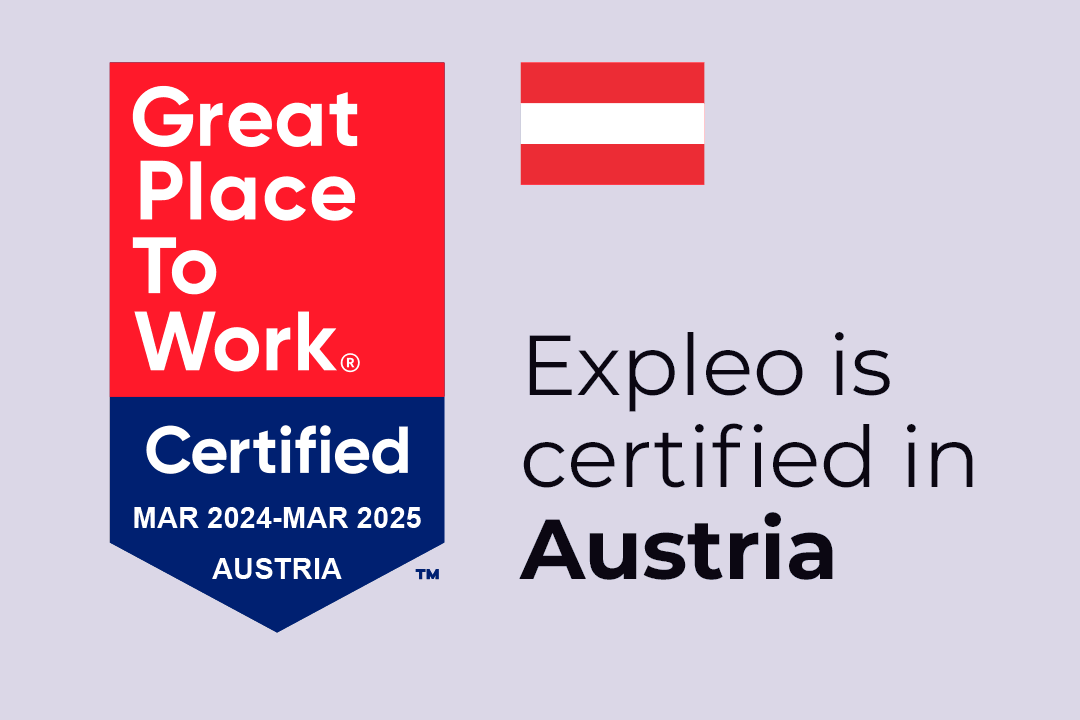 A badge labeled "Great Place to Work Certified MAR 2024–MAR 2025 AUSTRIA" appears next to the Austrian flag and the text "Expleo is a great place to work, certified in Austria," on a light gray background.