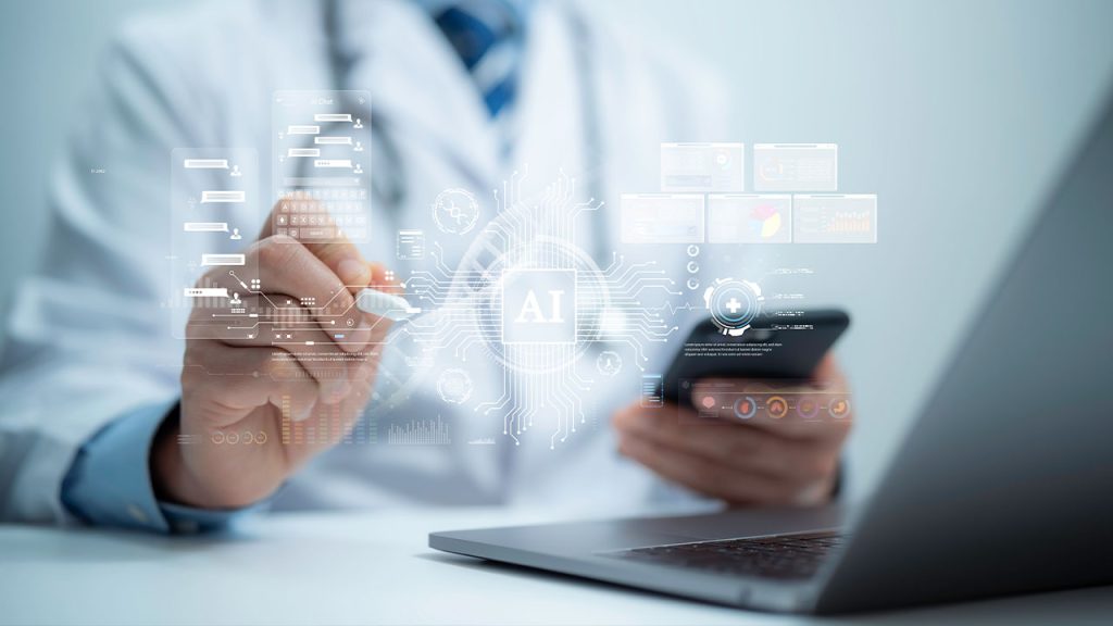 A doctor using a smartphone and laptop, with virtual AI-related graphics overlaid, symbolizing artificial intelligence technology integration in healthcare.