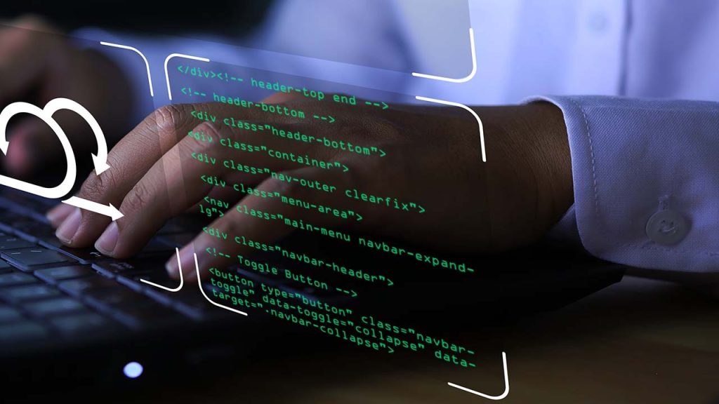 A person typing on a laptop keyboard, overlaid with HTML code snippets. The code includes tags like `` and ``, suggesting web development activity. The person wears a white shirt, and the image suggests a focus on programming or coding.