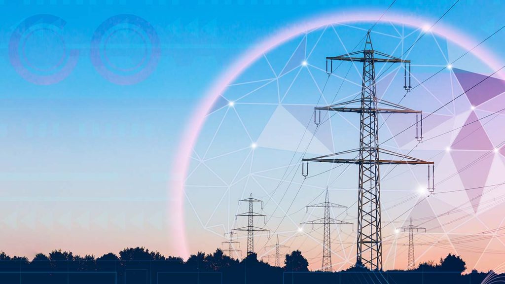 A series of power lines and towers against a sunset sky with abstract geometric shapes overlay. The image suggests concepts of energy distribution, technology, and connectivity.