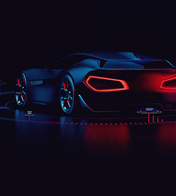 A sleek, futuristic car is shown from the rear at night, illuminated by a bright red glow from its tail lights and wheel rims. The image is dark, emphasizing the car's aerodynamic design and the vibrant red light reflections.