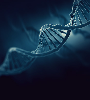 A close-up image of a DNA double helix against a dark blue background. The spiral structure is highlighted, showing detailed strands and connections, creating a sense of depth and complexity.