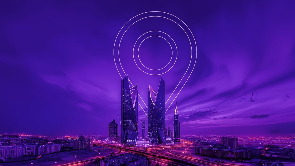 A futuristic cityscape with tall, modern skyscrapers under a purple sky, featuring a large, glowing map pin icon superimposed above the buildings, symbolizing location or navigation.