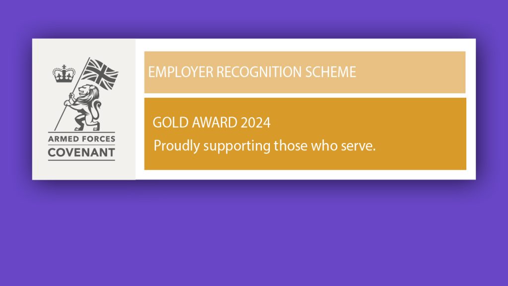 A certificate with the Armed Forces Covenant logo and flag, stating: "Employer Recognition Scheme Gold Award 2024. Proudly supporting those who serve." The background is purple.