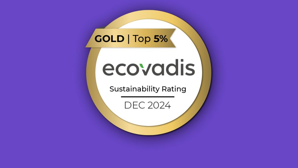 A gold-bordered badge on a purple background reads: "GOLD | Top 5%" and "ecovadis Sustainability Rating DEC 2024" in black and green text.