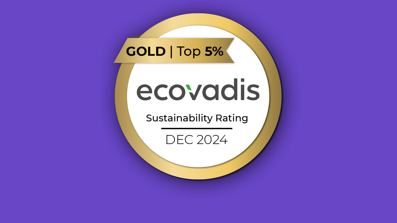 A gold medal badge reads "GOLD | Top 5% ecovadis Sustainability Rating DEC 2024" on a purple background.